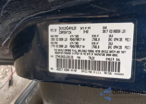 2003 Dodge Ram 1500 Slt/Laramie/St из США, поврежденный, VIN 1D7HA18N33J536158